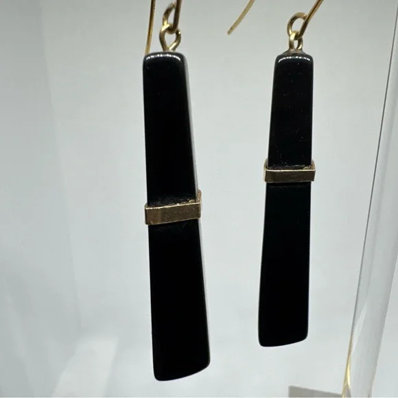 Vtg 14k Yellow Gold Dangling Earrings With Black Onyx Stone Stunning Fish Hook - Picture 3 of 16